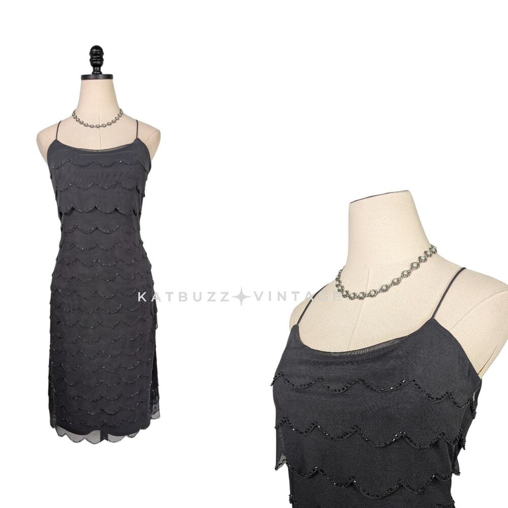 JS Collection Mini Dress 8 Gray Cocktail Beaded Mesh Guest Y2K Party Stretch